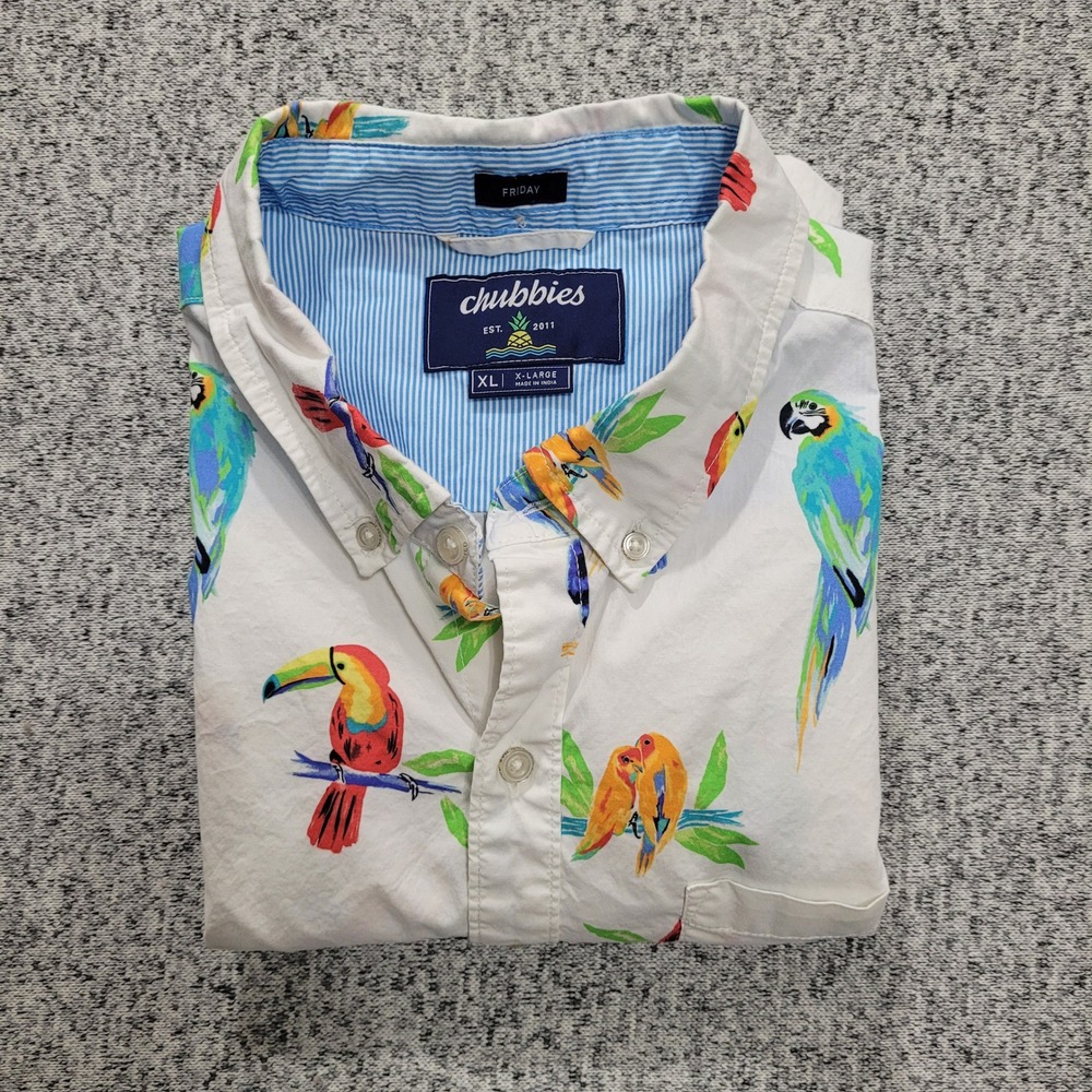 Chubbies Mens XL Friday Shirt Short Sleeve Button Tropical Bird Toucan White - Picture 2 of 10